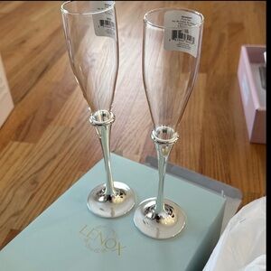 NEW Lenox Devotion Pair Flute Pair champagne toasting glasses silver diamond